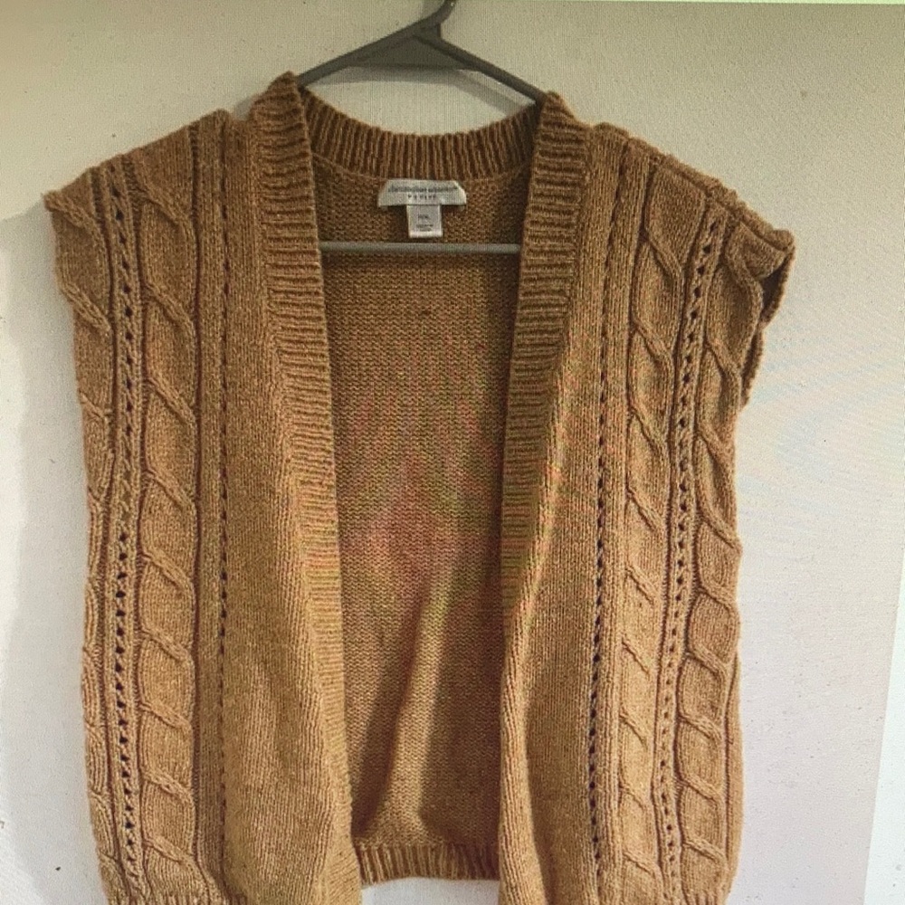 Christopher & Banks Petite Mustard Yellow Cable Knit Open Front Sweater
